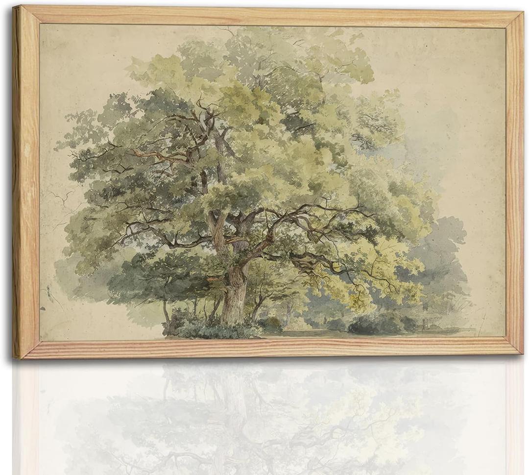 Watercolor Oak Tree Wall Art 12x16Inchs - Green Nature Landscape Painting Print with Light Wood Frame, Rustic Farmhouse Home Decor for Living Room Bedroom Office, Framed Canvas Picture Poster