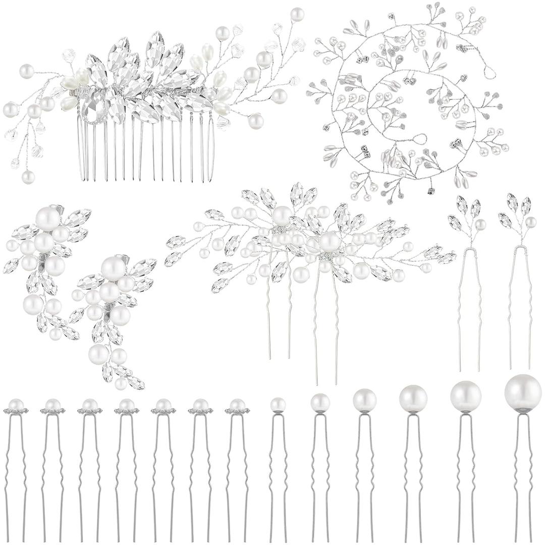 Maitys 44 Pieces Wedding Hair Accessories Faux Pearl Crystal Comb Clips U-shaped Flower Rhinestone Silver Pearl Hair Pieces for Prom Bride Bridesmaid(Fresh Style)