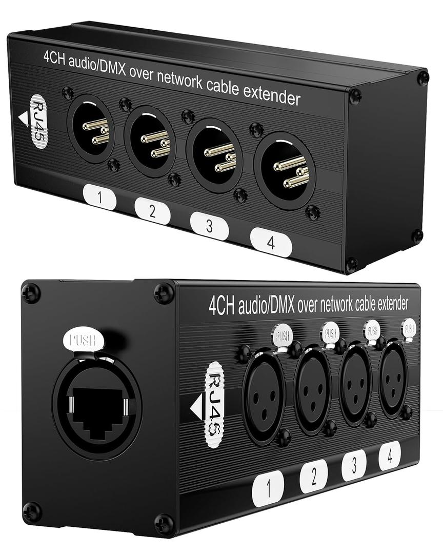 XLR Snake, 4 Channel 3 Pin Multi Network XLR Cable Breakout, Male Female to RJ45 Ethercon for Stage Sound Lighting and Recording Studio with no Cable (1 Pair: 4 XLR Male + 4 XLR Female)