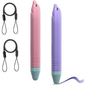 Kids Stylus Pens for Touch Screens with Tethers, Meeaja Anti-Rolling Tablet Stylus 2 Pack for Kids, Compatible with All Touch Screen Devices, iPad and Android Devices (Pink+Purple)
