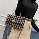 BERTY·PUYI PU Leather Houndstooth Ladies Shoulder Bag Autumn And Winter Fashion Woolen Cloth Crossbody Bag Chain crossbody handbag, Brown and black