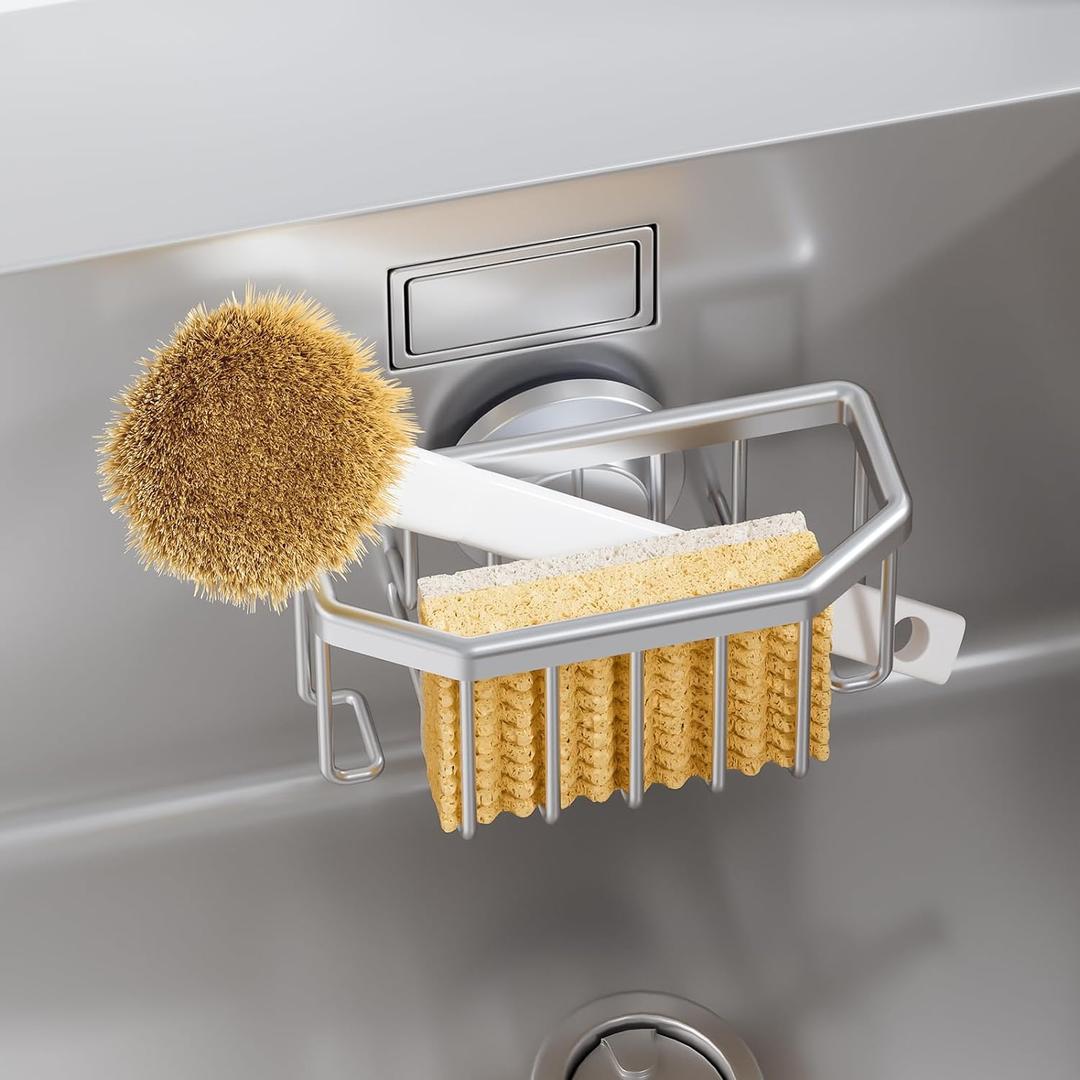 TAILI Sponge Holder for Kitchen Sink with Strong Suction Cup Removable, Rustproof Aluminum Sink Caddy for Sponge, Brush, Scrubber, Scraper -Silver (6.1" x 3.5")