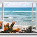 TAR TAR STUDIO Open Window Beach Wall Art: Seaside Flowers Canvas Picture Wave Seascape Artwork Nature Coastal Themed Prints for Living Room Bedroom, 24"L x 16"W