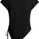 Remidoo Women's Side Drawstring Asymmetrical Hem T Shirt Short Sleeve V Neck Workout Tops (Large, Black)