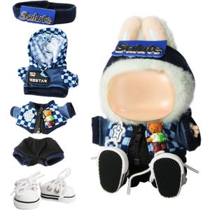 Cloth for Doll, 5-Piece Blue Streetwear Outfit for 17cm &15cm(NO Doll)  Trendy Blue Coordinated Set + Headband + Scarf + Jacket & Pants + Canvas Shoes-Handmade