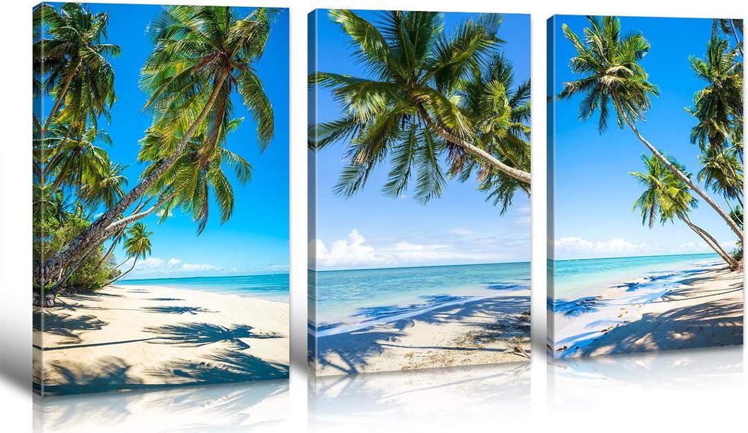 DJSYLIFE Beach Wall Art Canvas Print Tropical Palm Tree Wall Decor Coastal Seascape Painting Modern Ocean Decor for Living Room Bathroom Office Decorarion 16" X 24" X 3 Pieces