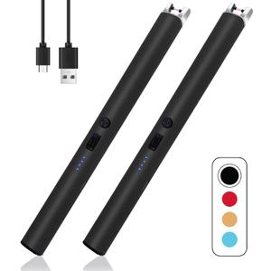 2 PCS Candle Lighter,Windproof Flameless Electric Lighter with LED Power Display  Safety Switch, Upgraded Plasma USB Rechargeable Lighters for Birthday Camping BBQ (Black)