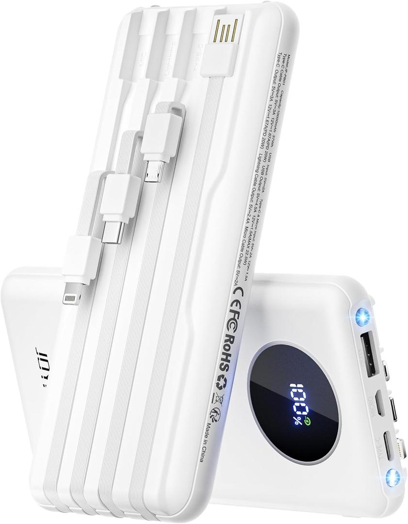 Portable-Charger-Power-Bank Travel Essentials Battery Pack USB C 10000mAh Built in Cable 22.5W Phone Fast Charging Powerbank Compatible with iPhone 16 15 14 13 12 11 iPad Samsung Google (White)