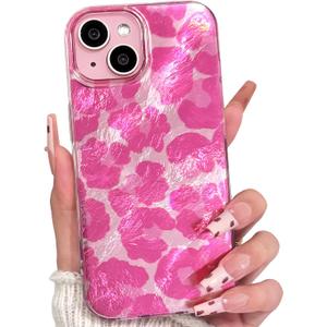 Lovmooful Compatible for iPhone 14 Plus/15 Plus Case Cute Aesthetic Leopard with Laser Design with Bumper Protector for Girls Women Soft TPU+PC Shockproof Protective Girly-Light Pink