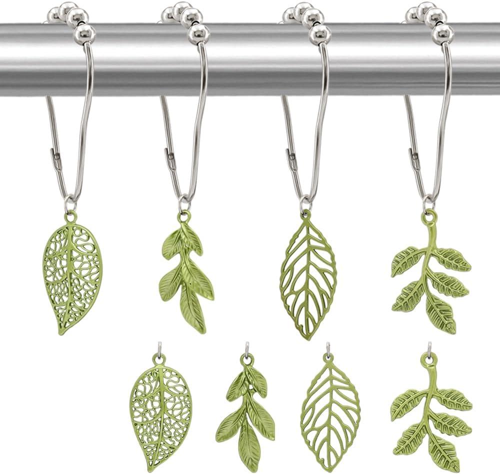 Leaves Shower Curtain Hooks-12Pack Green Plant Leaf Shower Curtain Rings,Metal Rustproof Shower Curtain Hangers,Shower Hooks Rings for Shower Curtain Rod, Bathroom Decoration Accessories