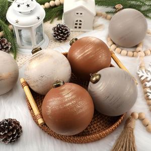 2 x 6 Pcs 4 Inch Neutral Christmas Ball Ornaments with Velvet Ribbon Large Rustic Textured Tan Brown Beige White Xmas Ornaments Antique Farmhouse Modern Christmas Decor for Tree Indoor Outdoor (Classic Copper)