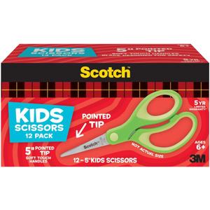 Scotch 5" Soft Touch Pointed Tip Kids Scissors, 12 Count Teachers Pack, Green, All-Purpose Scissors for School and Crafts (1442P-12) (Unit, Assorted Colors)