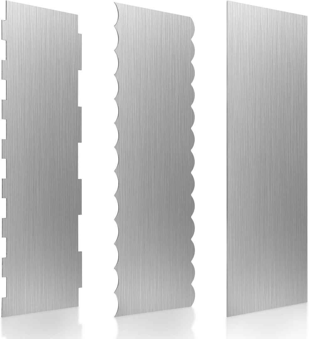 3 Pcs Stainless Steel Cake Scraper, 8.6-inch Double Sided Patterned Edge Stripe Edge Smoother Scraper, Cake Decorating Comb Metal Cake Scraper for Butter Mousse Cream Decoration