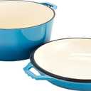 Bruntmor 2-in-1 Enamel Cast Iron Dutch Oven With Handles - Crock Pot Blue Cast Iron pot with Skillet lid - All-in-One Cookware Braising Pan for Casserole Dish - 7 Quart, Blue