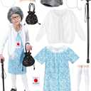 11 Pcs Old Lady Costume for Kids,100 Days of School Costume Girls,Granny Grandma Costumes Kids Accessories (8-10YR, Blue)