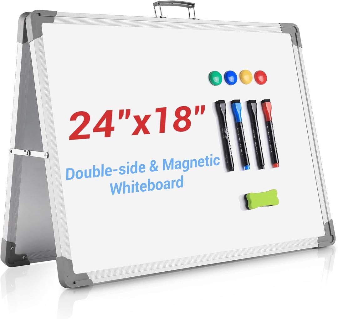 White Board Dry Erase 24" x 18", Magnetic Portable Foldable Whiteboard Double Sided Desktop Dry Erase Board Easel on Table Top with Holder for Classroom, Office, Homeschooling, School Supplies