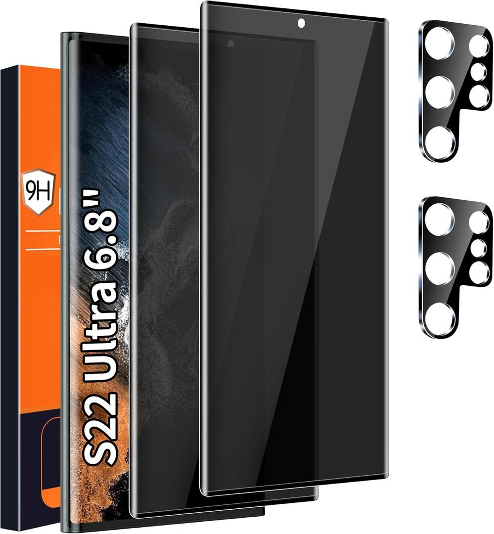 [2+2 Pack] Galaxy S22 Ultra Privacy Screen Protector, 9H Tempered Glass, Ultrasonic Fingerprint Support, 3D Curved, HD Clear Anti-Spy Film for Samsung S22 Ultra 5G Glass Screen Protector