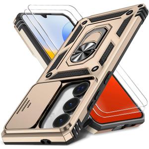 Case for Samsung Galaxy A16 5G with Slide Camera Cover+Screen Protector(2 Packs), Military Grade Shockproof Protective Cover, Rotated Ring Kickstand(B - Golden)