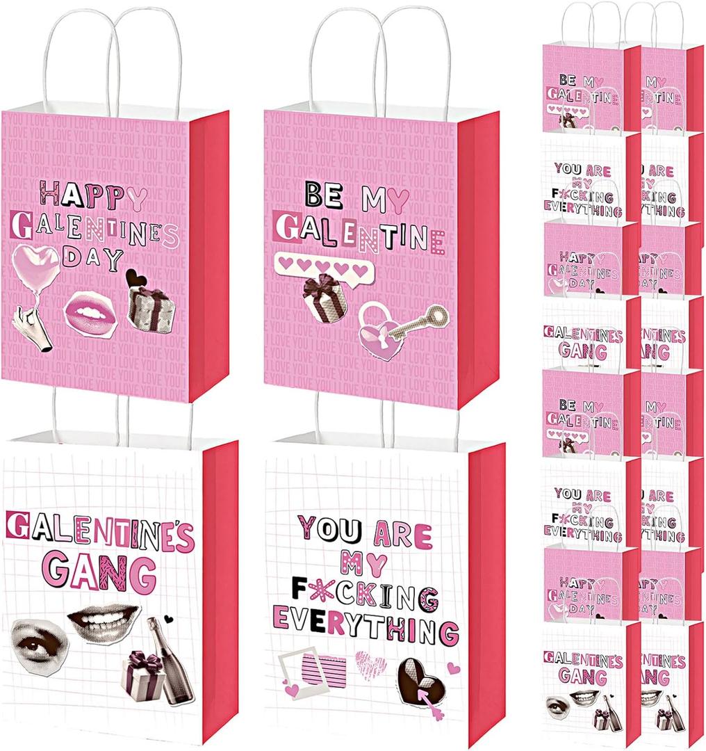 Tinlade 28 Pcs Galentines Gift Bags Bulk with Handles Pink Paper Treat Bags Funny Galentines Day Party Favors for Women 63.28.3 in 4 Designs, Valentines Day Party Favors for Gift Exchange