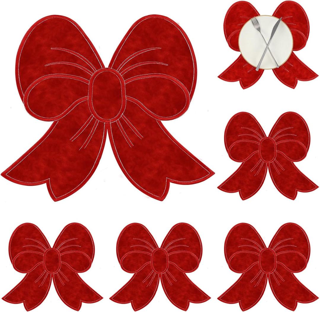 Christmas Placemats Set of 6 Velvet Red Bow Placemats Cute Modern Christmas Table Mats Neutral Style for Parties and Thanksgiving Kitchen Banquet Setting for Dinner Party