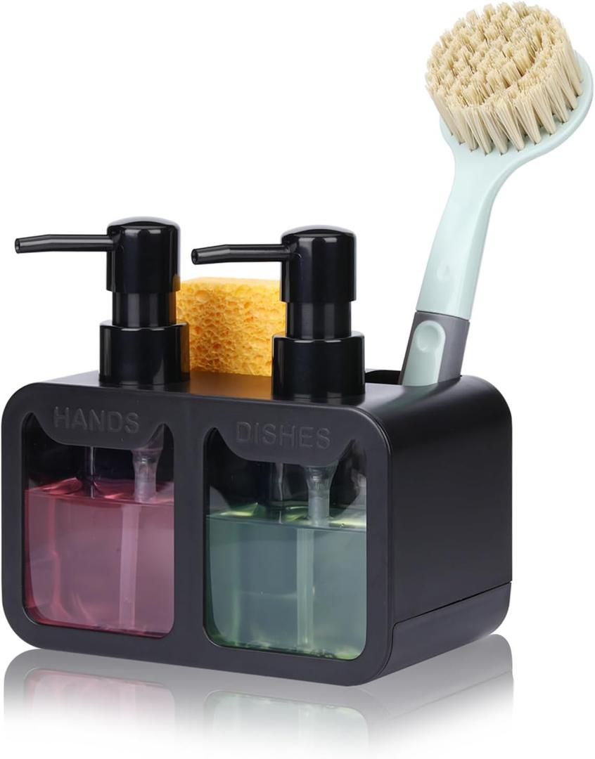 Dish Soap Dispenser for Kitchen Countertop with Sponge Caddy and Brush Holder - Refillable Non-Slip Dual Pump 4-in-1 Dispenser Soap Dispenser for Kitchen Sink, Essential Kitchen Gadgets  Black