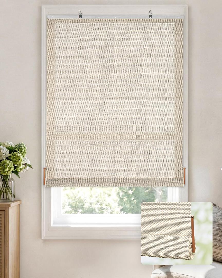 LazBlinds Cordless Bamboo Blinds, Easy Install Roller Shades for Windows, Hook-On Light Filtering Bamboo Shades for Interior Indoor Windows, 27" W x 48" H, Star-Off White