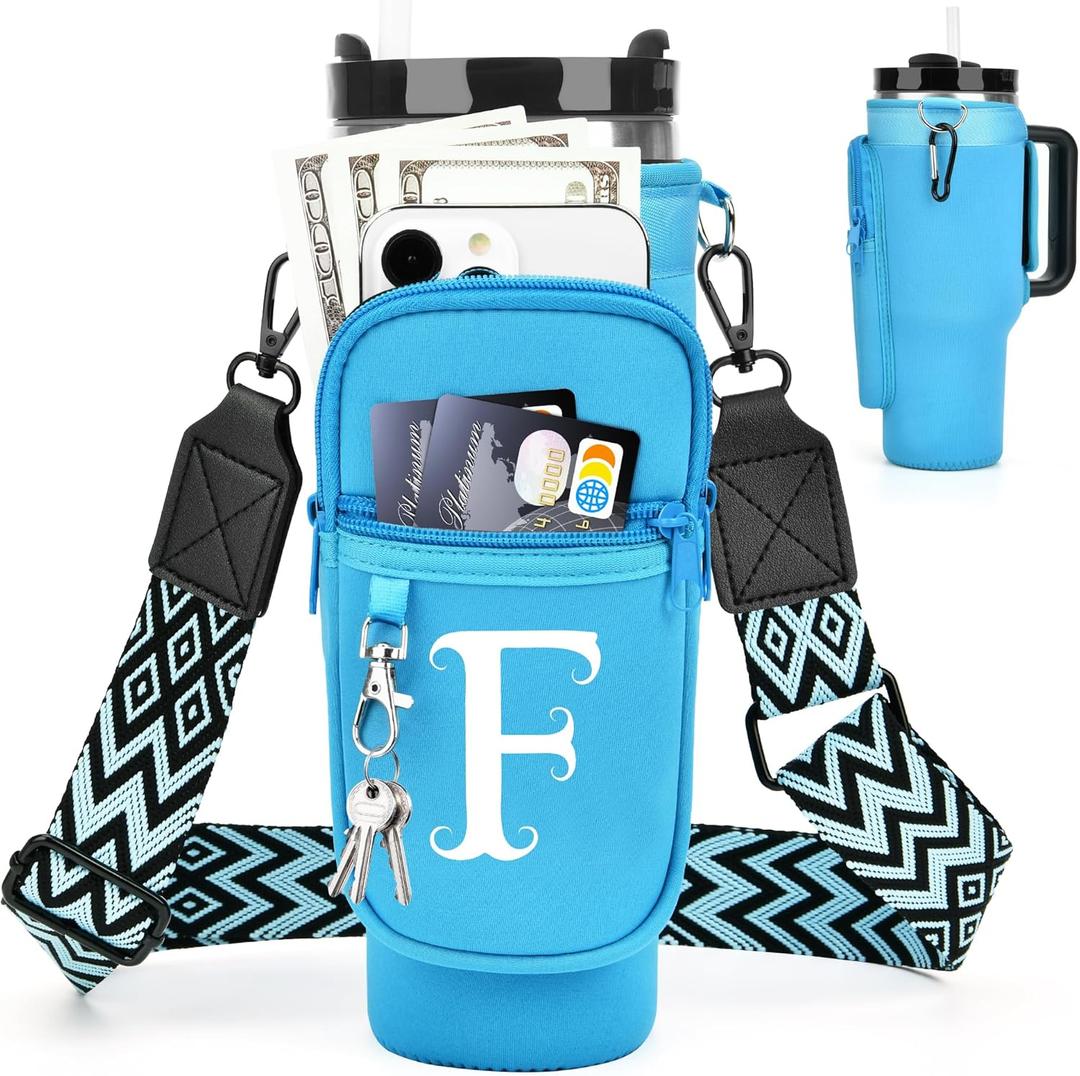 Water Bottle Holder with Strap for Stanley Cup 40 oz Tumbler with Handle, Personalized Initial Gift, Water Bottle Carrier Bag with Phone Pocket & Carabiner for Stanley Cup Accessories Blue F