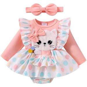 Baby Girl Clothes 12 18 Months Romper Infant Ruffle One Piece Cute Cat Cartoon Dress Fall Winter Long Sleeve Outfits with Headband Pink 12-18 Months