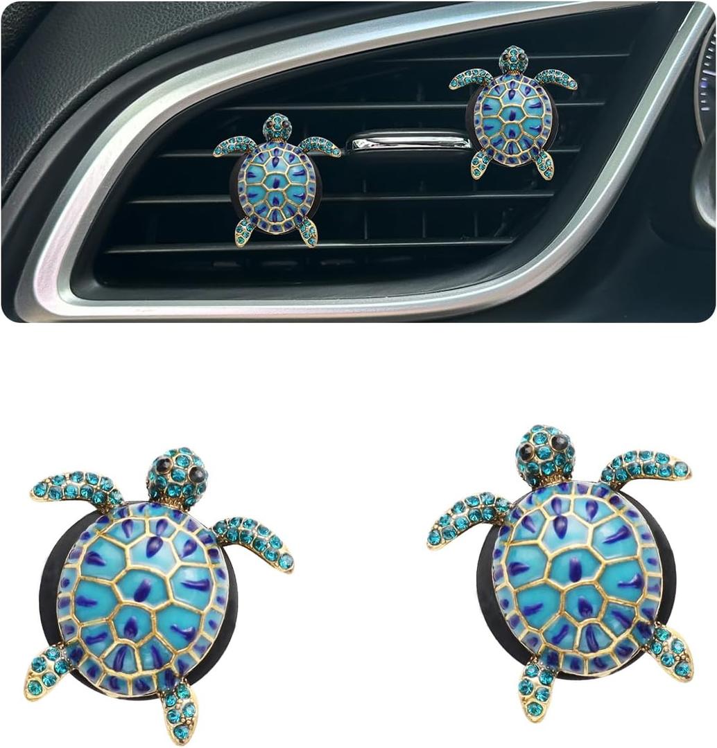 Sea Turtles Car Decor, Cute Beach Themed Air Freshener Vent Clips,2pcs Glamorous Blue Turtle Coastal Car Accessories Interior Decoration for Women, Refillable Outlet Diffuser