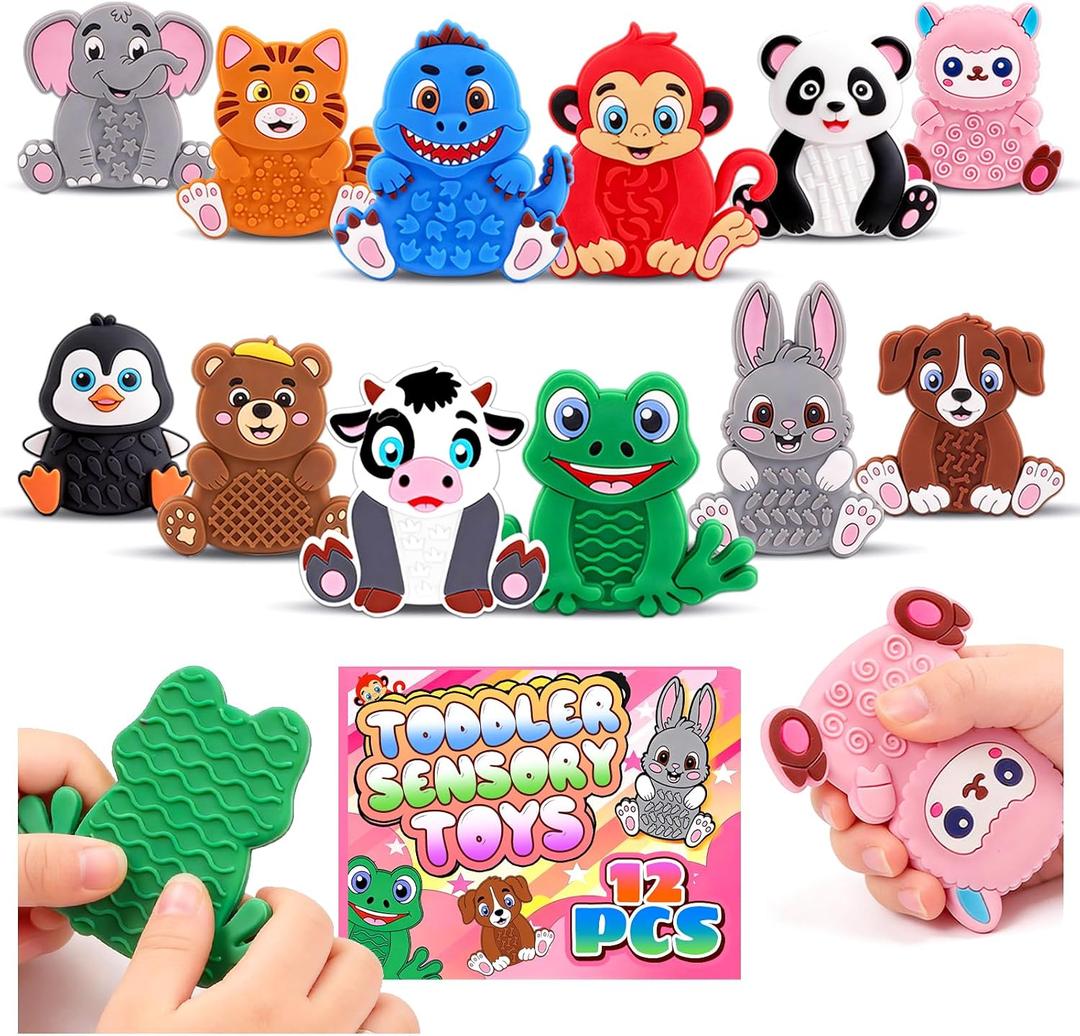 12 Pack Animal Texture Sensory Toys for Kids, Toddler Travel Toys for Airplane Car Roadtrip, Silicone Calming Autism Quiet Fidgets for Classroom, Birthday for Kids Toddlers, 2.36*2.63 inches