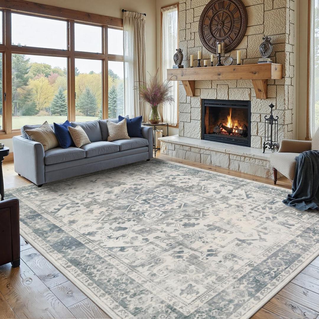 Rugxara 8x10 Washable Area Rug for Living Room, Extra Large Neutral Vintage Boho Rugs for Office, Kids Room, Farmhouse, Durable Low Pile Non Slip Carpet for High Traffic Areas, Light Blue Grey