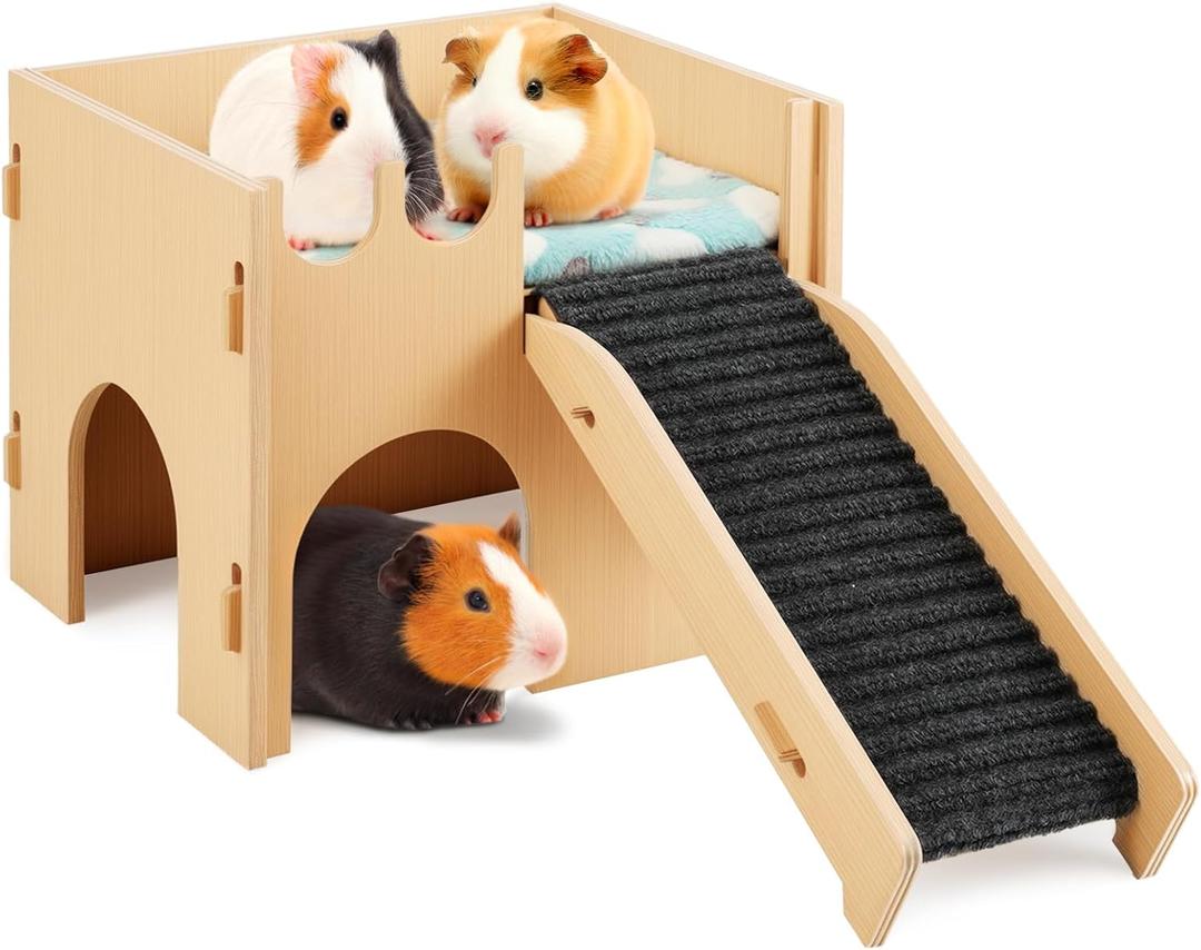 Pawaboo Guinea Pig and Hamster House, 2-in-1 Guinea Pig Hideout with Stairs and Cushion, Sturdy Wooden Hamster Castle Easy to Assemble, Detachable Small Animal House Bed Hut Habitats with Ramps (Beige)