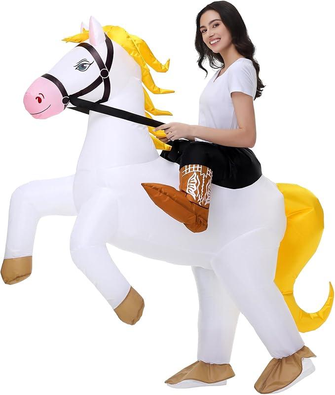 Stegosaurus Inflatable Horse Costume Adult Halloween Blow Up Costumes Ride On White Horse Costume Funny Riding Horse Suit for Men Women Cosplay Kentucky Derby Party