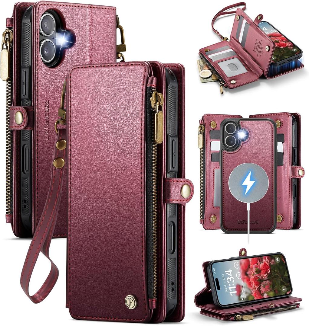 Defencase for iPhone 16 Magnetic Wallet Case Compatible with Magsafe with RFID Blocking Zipper Pocket & Card Holder for Women Men PU Leather Strap Detachable Case for iPhone 16 (6.1 inch), Red