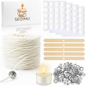 230 FT Candle Wicks with 125 Pcs Metal Candle Wick Sustainer Tabs, 80Pcs Candle Wick Stickers, 5Pcs Wooden Candle Wick Centering Device, 70m Cotton Candle Wicks for Candle Making Kit