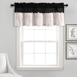 Lush Decor Linen Button Farmhouse Valance, 52" W x 18" L, Black & White - Kitchen Curtains Valances, Rustic Color Block Design With Husk Button