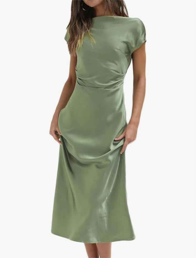 Gmeitoey 2025 Satin Cap Sleeve Cowl Back Summer Dresses for Women Elegant Ruched Waist Wedding Guest Midi Dress Sage Size Small