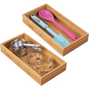 mDesign Wooden Bamboo Drawer Organizer - 12" Long Stackable Storage Box Tray for Kitchen Drawers/Cabinet - Utensil, Silverware, Spatula, and Flatware Holder - Echo Collection - 2 Pack, Natural Wood