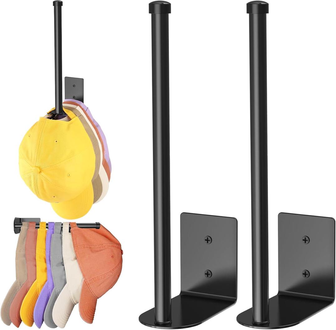 2 Pack Black Hat Racks for Baseball Caps, Stainless Steel Hat Organizer for Baseball Cap, Hat Holder Storage Organizer, Hat Hanger Strong Adhesive/Wall Drilled for Door, Bedroom, Closet (8.26 in)