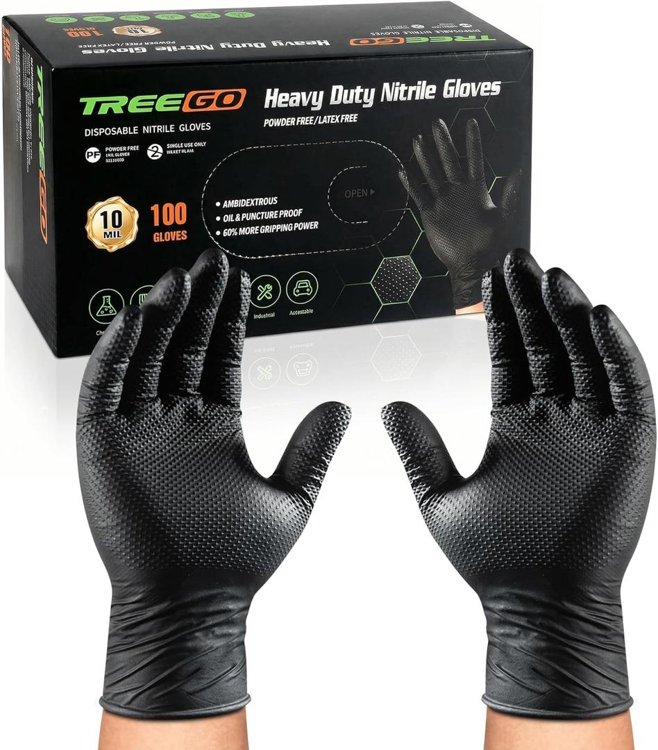 TREEGO 10 Mil Black Nitrile Gloves Heavy Duty  Raised Diamond Texture Grip, Latex Free Disposable Mechanic Work Gloves, Large, 100 Count