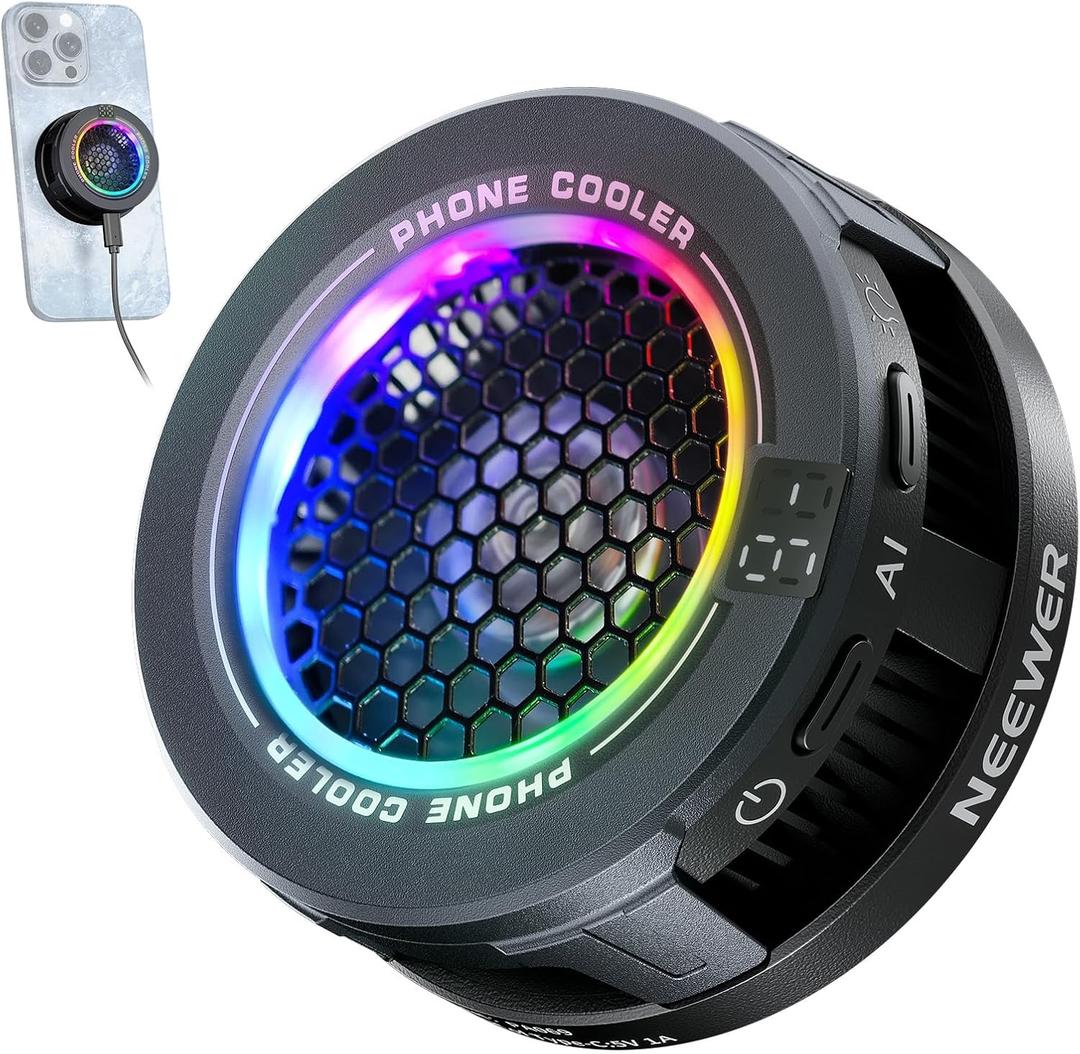 NEEWER Basics Magnetic Phone Cooler, Low Noise USB Cooling Fan with Smart Temp Control, RGB Light, Magnetic Ring & Clip Compatible with iPhone 15 16 Pro Max MagSafe Samsung iPad for Gaming, PA069, 2.4"x2.4"x1"