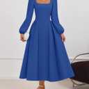 ZESICA Women's Long Sleeve Midi Dresses 2026 Fall Square Neck Swing A Line Wedding Guest Evening Prom Dress (Blue, M)