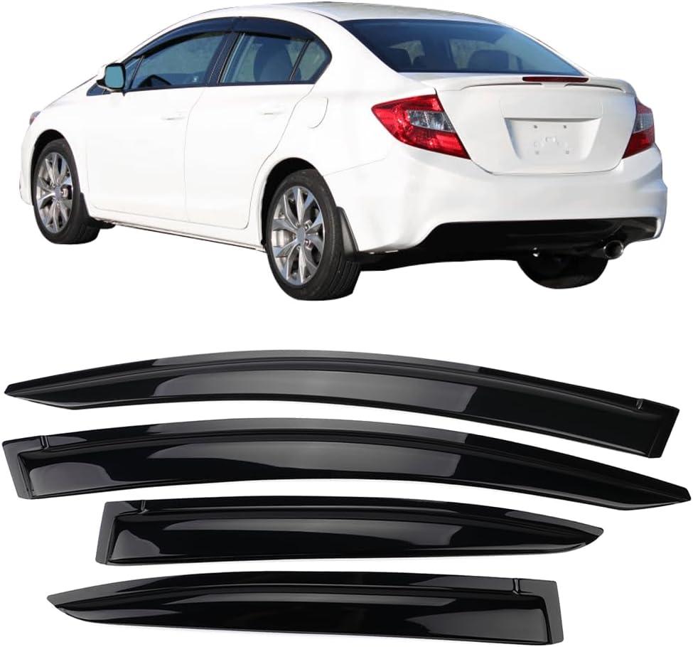 Tape on Outside Mount Window Visor Compatible with 2012-2015 Honda Civic Sedan, Slim Style Acrylic Smoke Tinted & Semi-Transparent Sun Rain Wind Guards Shield Vent by IKON MOTORSPORTS, 2013 2014