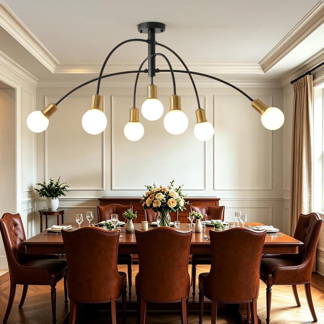 Modern Mid Century Large Kitchen Island Chandelier,Bright Long 7 Light Gold and Black Sputnik Semi Flush Mount Ceiling Light Fixture for Dining Room Living Room Bedroom