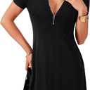 LYANER Women's V Neck Short Sleeve Dresses Zipper Front Ruffle Hem A Line Flare Mini Basic Dress