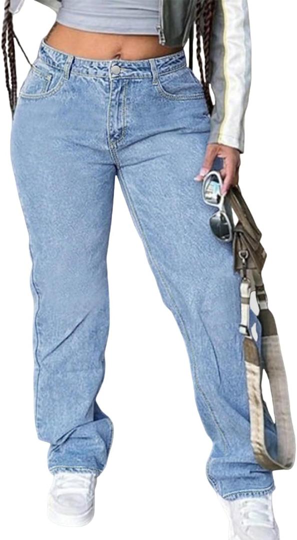 Women's Mid Waisted Straight Wide Leg Jeans Loose Fit Boyfriend Tummy Control Trendy Denim Pants with Pocket (Medium, Light Blue)