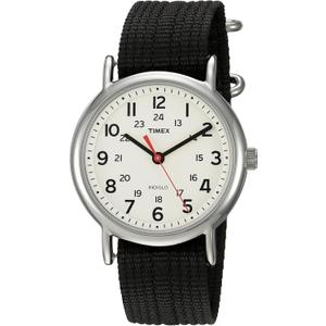 Timex Weekender 38mm Unisex Analog Watch | INDIGLO Backlight | Adjustable Durable Nylon Fabric Slip Through Strap | 24 Hour Time (Black/Silver-Tone/Cream)