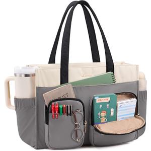 LOVEVOOK Teacher Tote Bag for Women,Multi-pocket Laptop Bag with Large Cup Holder,Nurse Bags Work Travel Computer Handbag, Gray