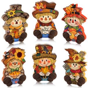 6 Pcs Thanksgiving Scarecrow Decorations Fall Wooden Scarecrow Table Centerpieces Autumn Standing Wooden Block Signs for Home Kitchen Tabletop Thanksgiving Tiered Tray Decor
