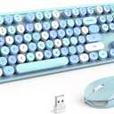 Wireless Keyboard and Mouse Combo, Retro Typewriter Keyboard with Round Keycaps, 2.4GHz USB Cute Wireless Keyboard Mouse for Computer, Desktop, Laptop (Blue Colorful)